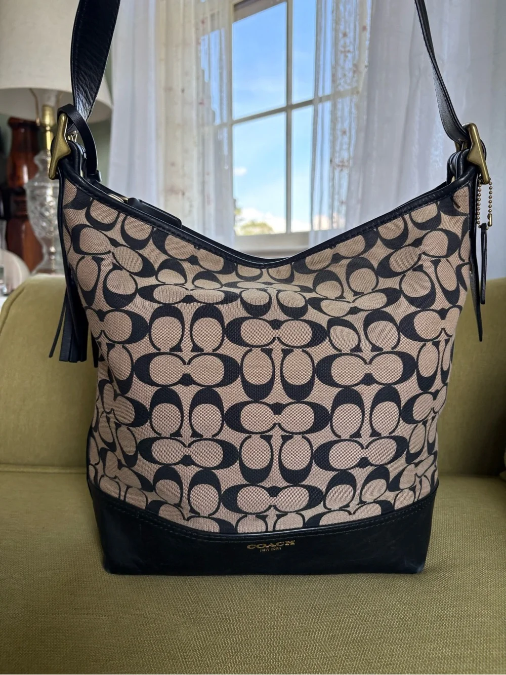 Coach Canvas Signature Shoulder Bag in Khaki and Black